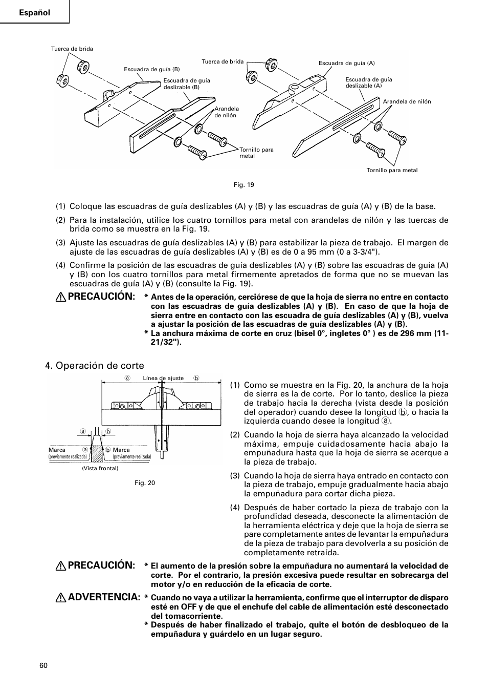 Precaución, Operación de corte, Advertencia | Hitachi C 8FB2 User Manual | Page 60 / 76