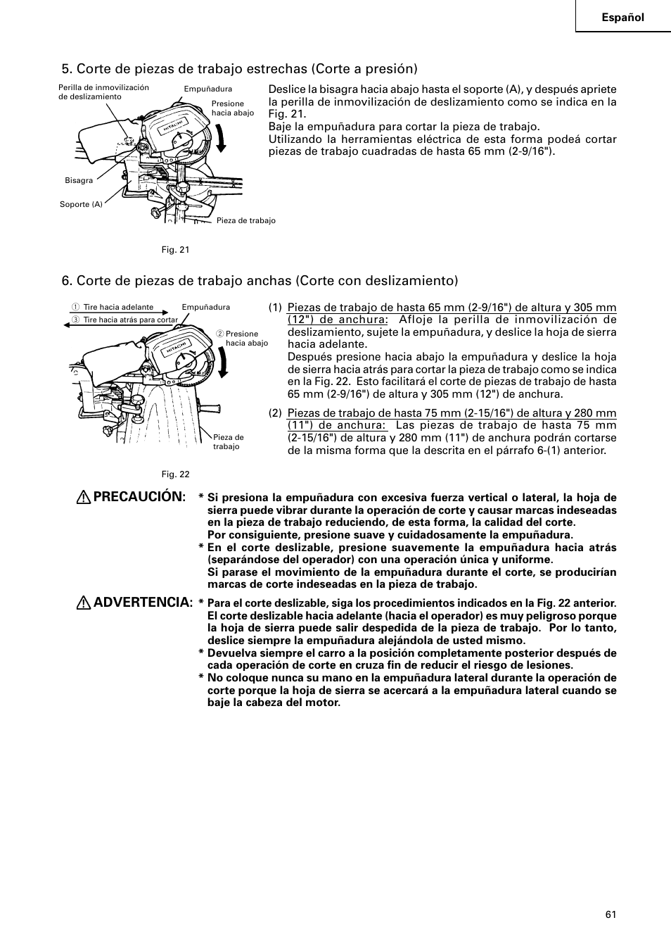 Precaución, Advertencia | Hitachi C 8FB2 User Manual | Page 61 / 76