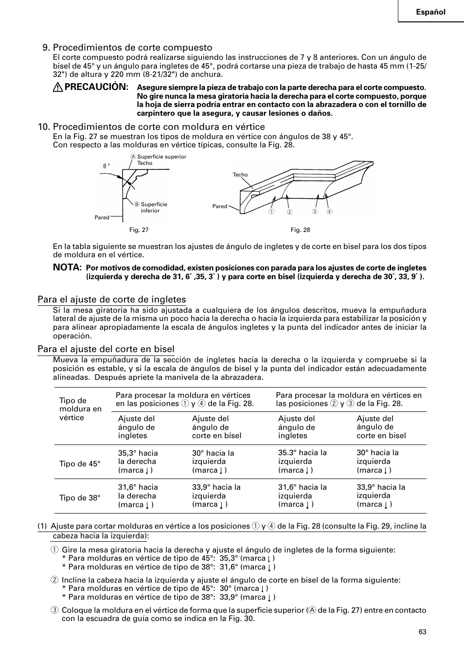 Procedimientos de corte compuesto, Precaución, Procedimientos de corte con moldura en vértice | Nota, Para el ajuste de corte de ingletes, Para el ajuste del corte en bisel | Hitachi C 8FB2 User Manual | Page 63 / 76