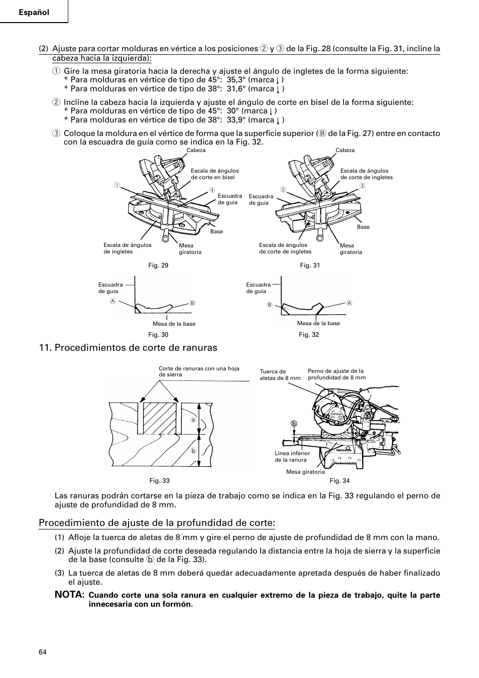 Procedimientos de corte de ranuras, Procedimiento de ajuste de la profundidad de corte, Nota | Hitachi C 8FB2 User Manual | Page 64 / 76