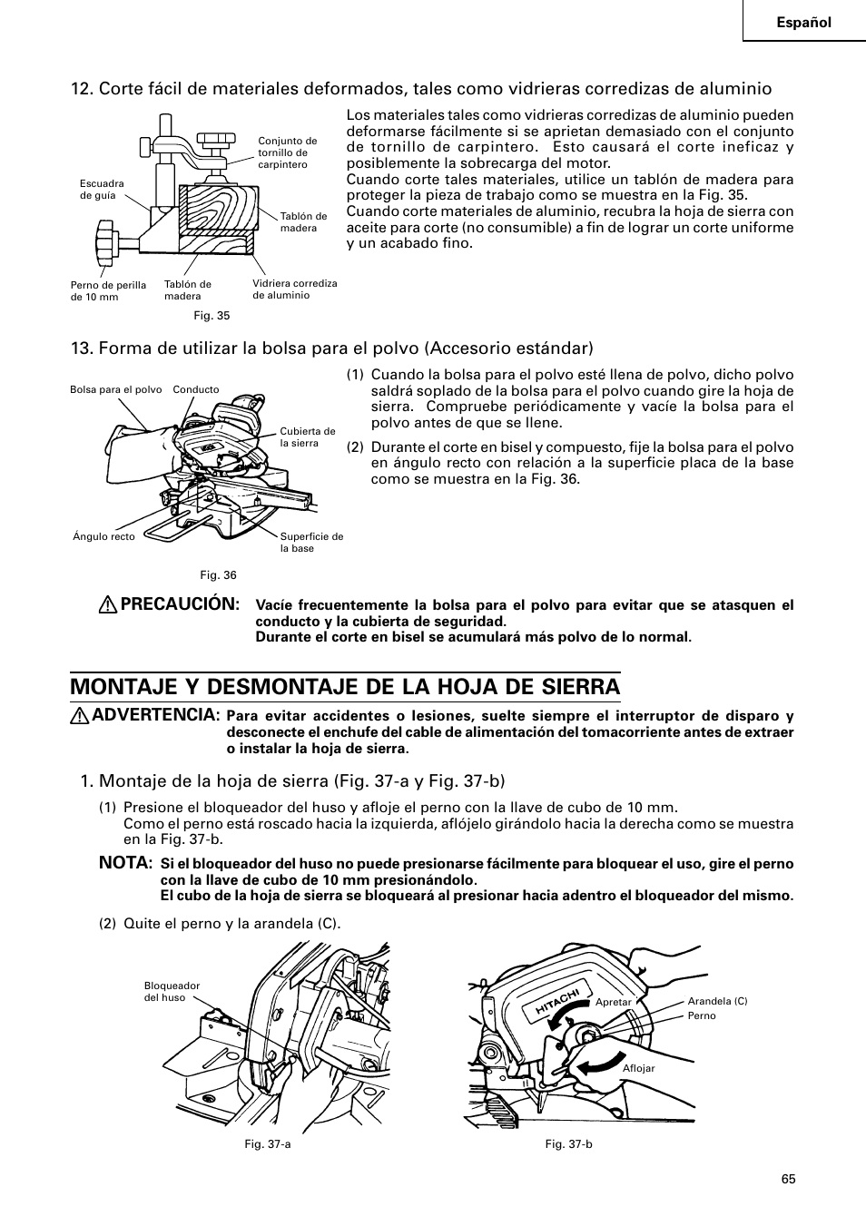 Montaje y desmontaje de la hoja de sierra, Precaución, Advertencia | Nota | Hitachi C 8FB2 User Manual | Page 65 / 76