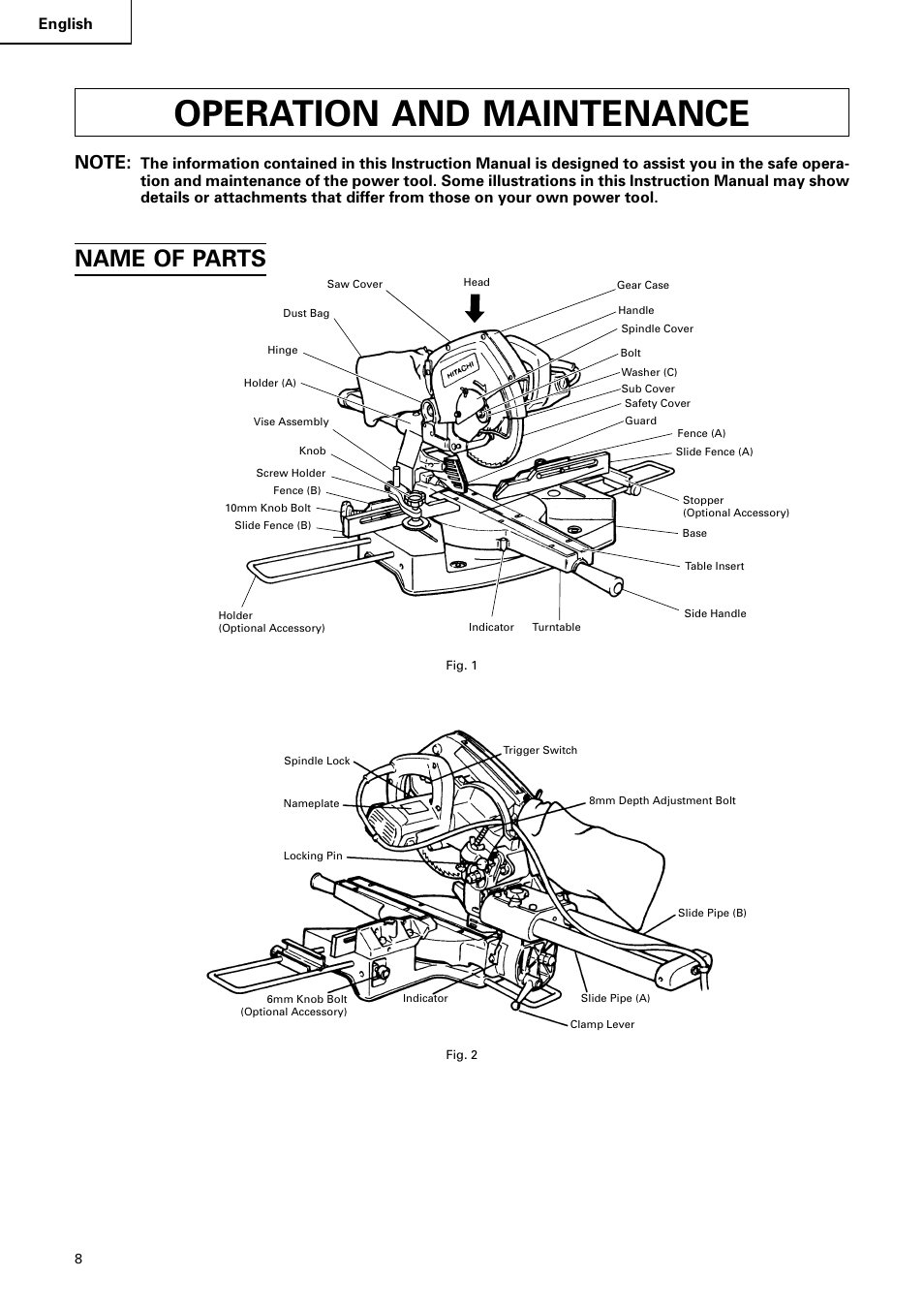 Operation and maintenance, Name of parts, English | Hitachi C 8FB2 User Manual | Page 8 / 76