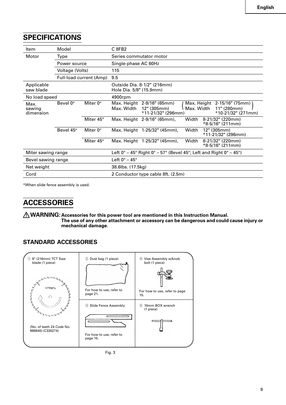 Specifications, Accessories, Warning | Standard accessories | Hitachi C 8FB2 User Manual | Page 9 / 76