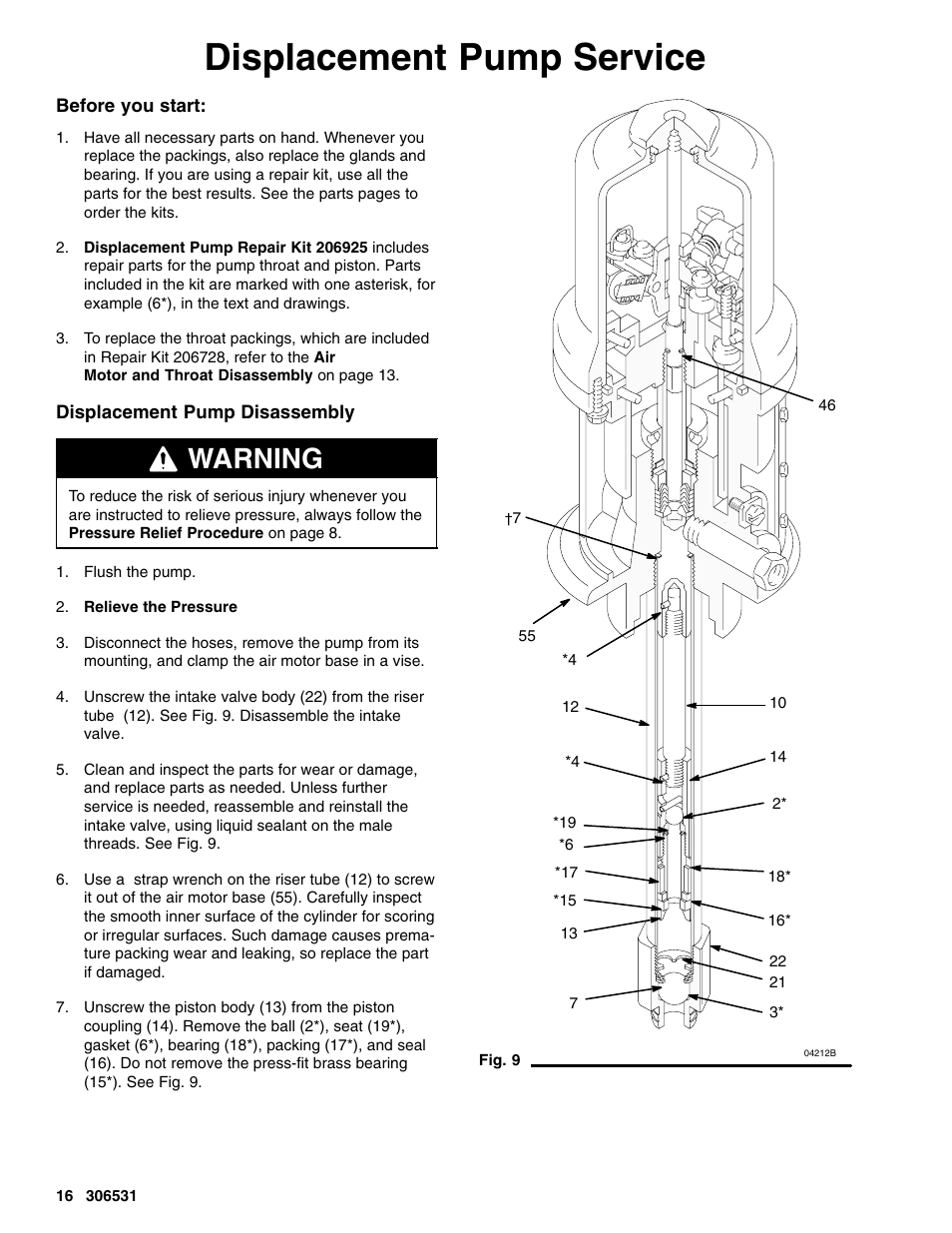 Displacement pump service, Warning | Hitachi SERIES J User Manual | Page 16 / 24
