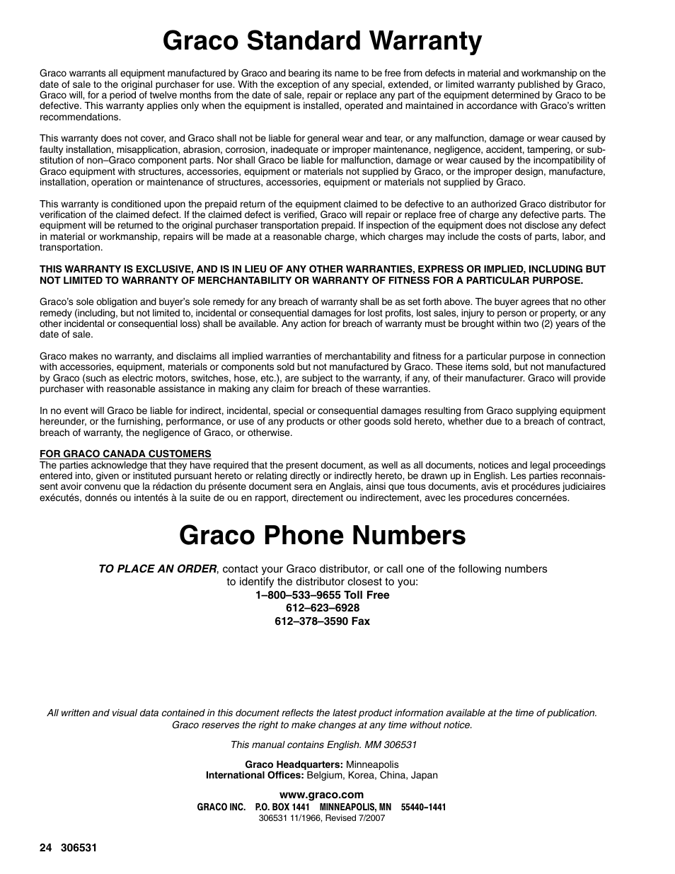 Graco standard warranty, Graco phone numbers | Hitachi SERIES J User Manual | Page 24 / 24