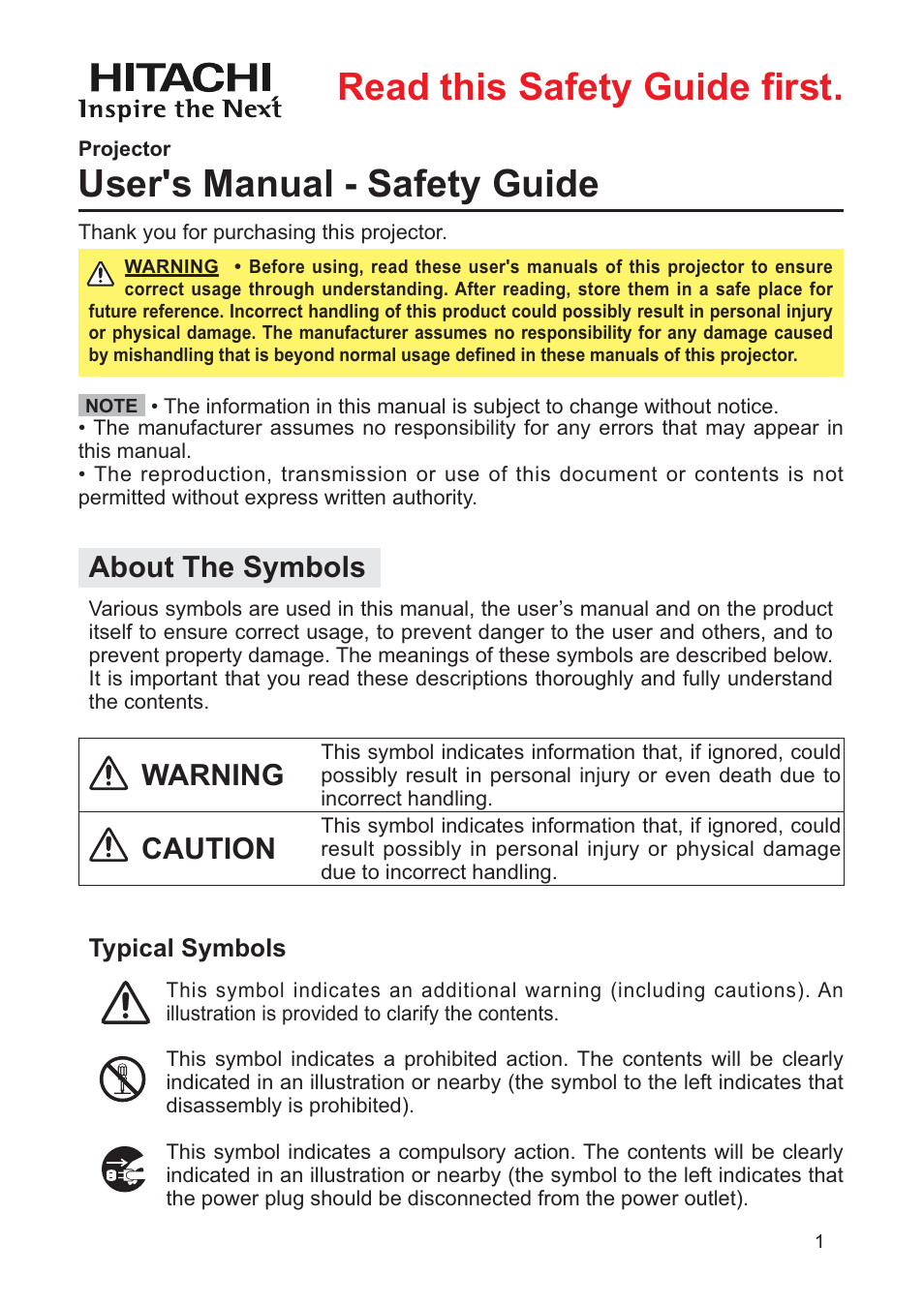 User's manual - safety guide, Read this safety guide first, About the symbols | Warning, Caution | Hitachi CP-X205 User Manual | Page 2 / 127