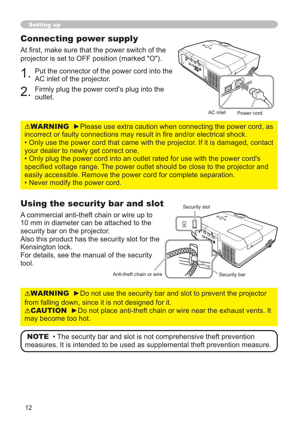 Connecting power supply, Using the security bar and slot | Hitachi CP-X205 User Manual | Page 21 / 127