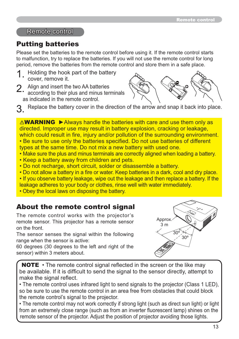 Putting batteries, 5hprwhfrqwuro, About the remote control signal | Hitachi CP-X205 User Manual | Page 22 / 127