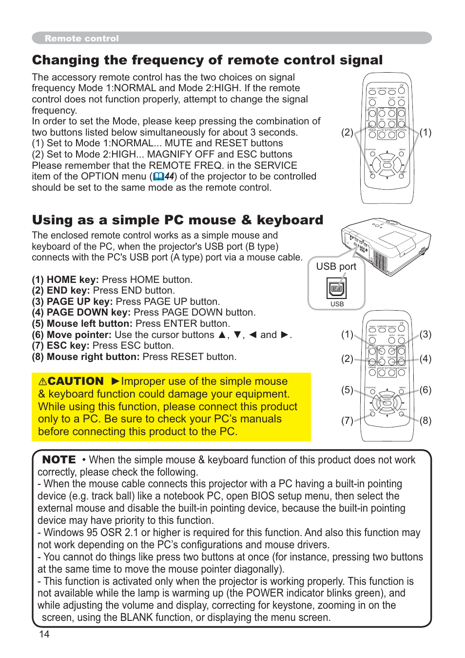 Using as a simple pc mouse & keyboard, Changing the frequency of remote control signal, 86%sruw | Remote control | Hitachi CP-X205 User Manual | Page 23 / 127