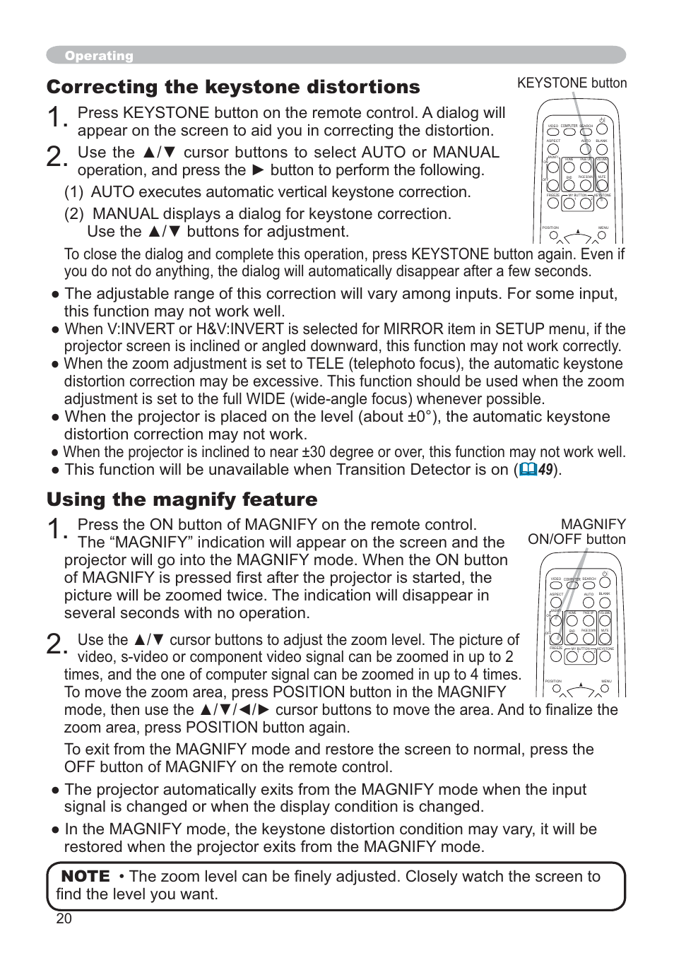 Using the magnify feature, Correcting the keystone distortions, 6721(exwwrq | Operating | Hitachi CP-X205 User Manual | Page 29 / 127