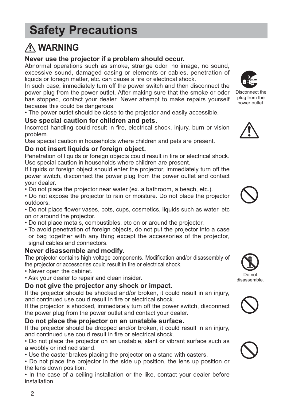 Safety precautions, Warning | Hitachi CP-X205 User Manual | Page 3 / 127