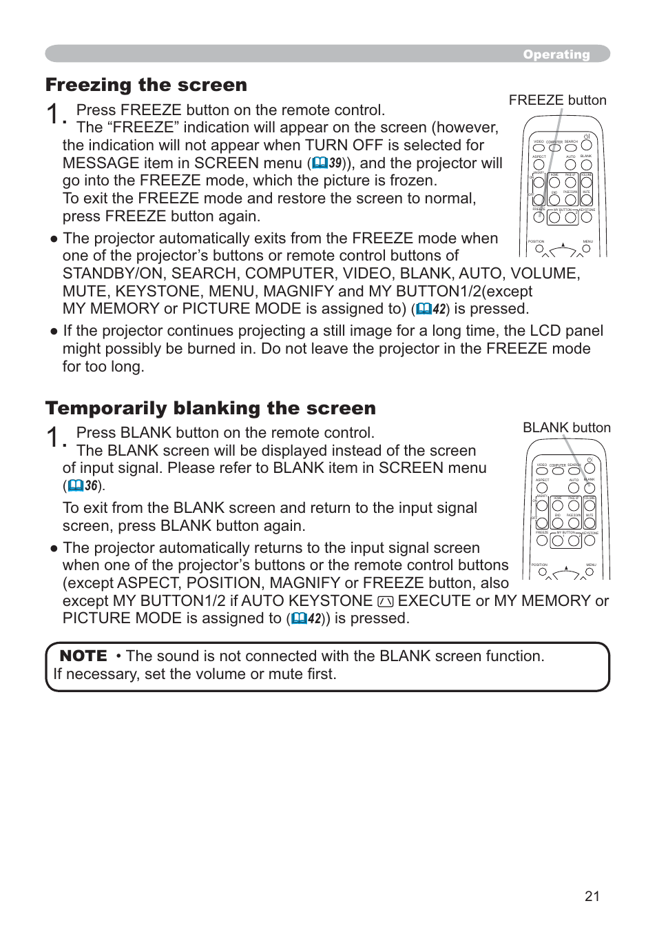 Temporarily blanking the screen, Freezing the screen, 5((=(exwwrq | exwwrq, Operating | Hitachi CP-X205 User Manual | Page 30 / 127