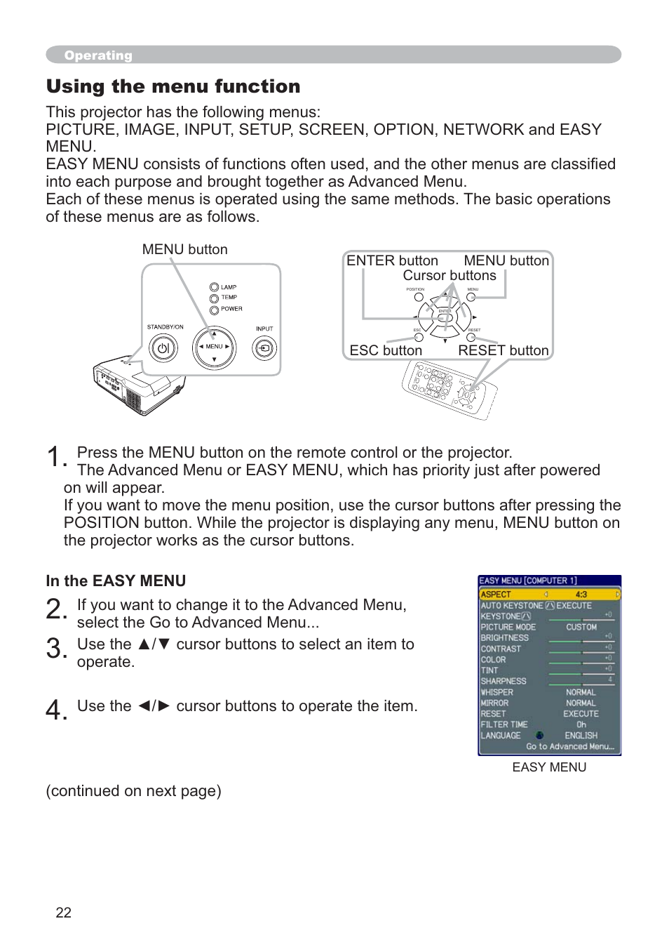 Using the menu function, 8vhwkhżźfxuvruexwwrqvwrrshudwhwkhlwhp, Frqwlqxhgrqqh[wsdjh | 0(18exwwrq, 6&exwwrq, Operating | Hitachi CP-X205 User Manual | Page 31 / 127