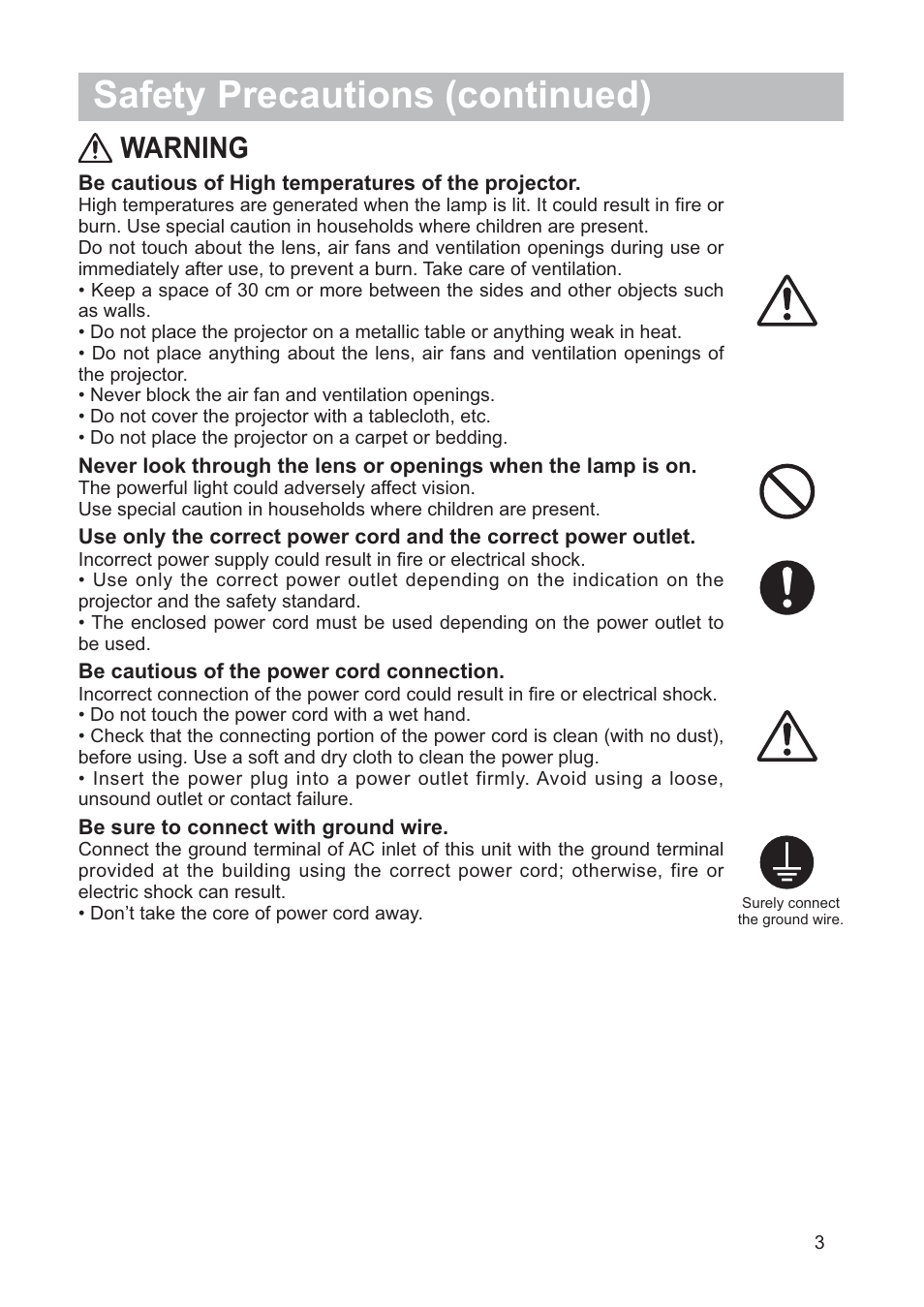 Safety precautions (continued), Warning | Hitachi CP-X205 User Manual | Page 4 / 127