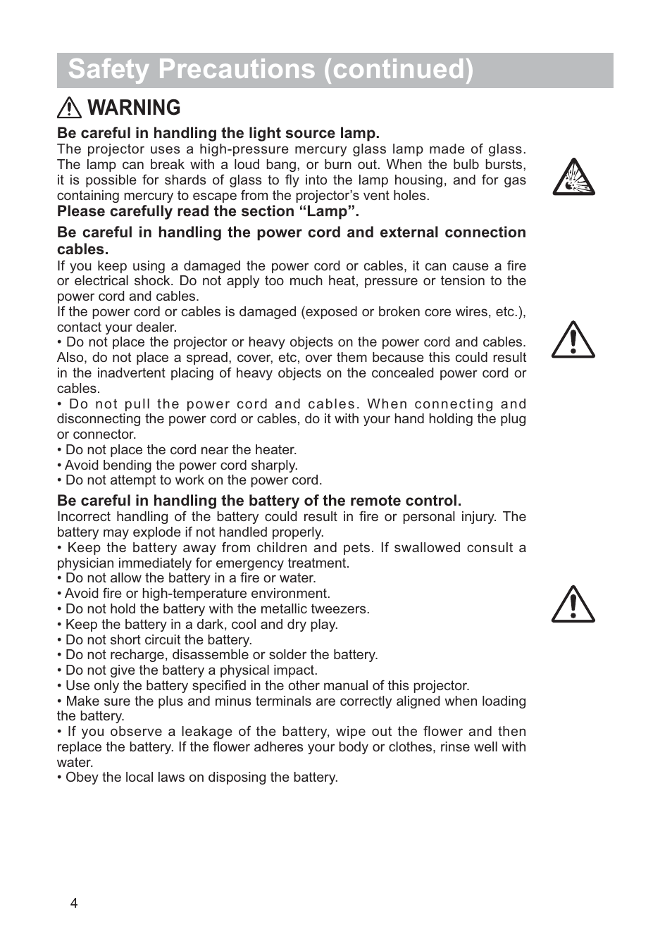 Safety precautions (continued), Warning | Hitachi CP-X205 User Manual | Page 5 / 127
