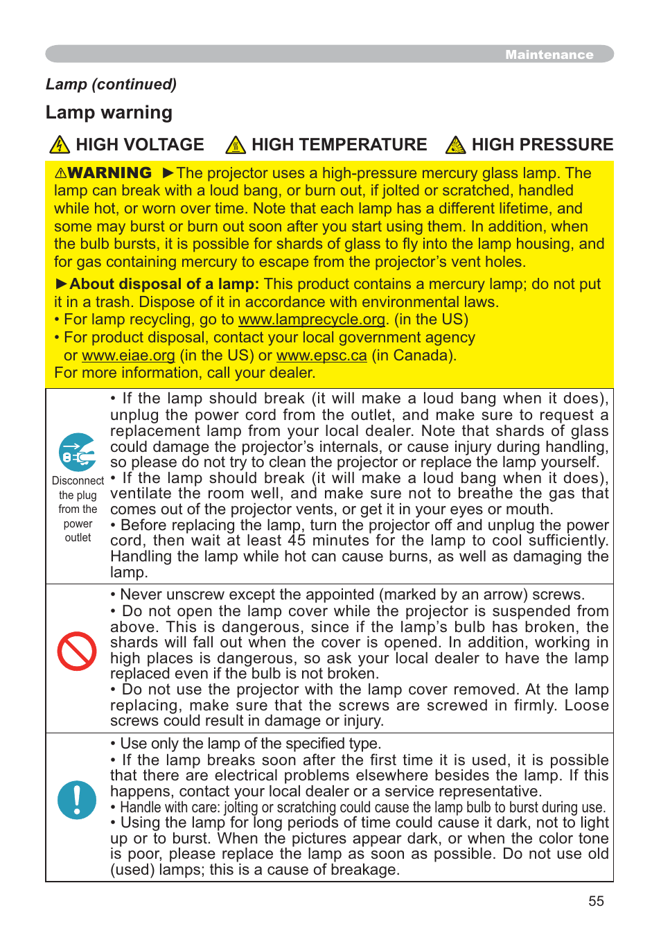 Lamp warning | Hitachi CP-X205 User Manual | Page 64 / 127