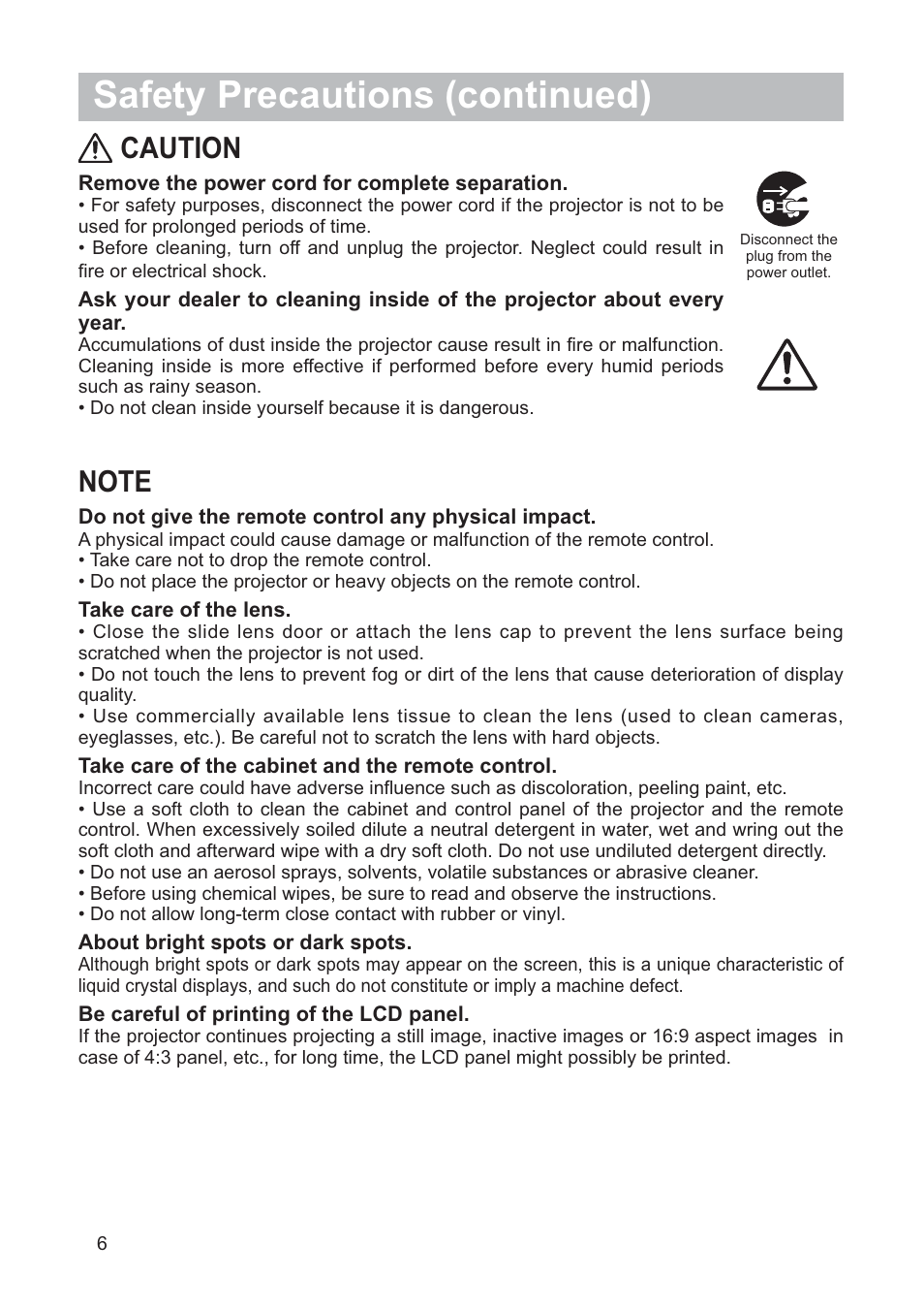 Safety precautions (continued), Caution | Hitachi CP-X205 User Manual | Page 7 / 127