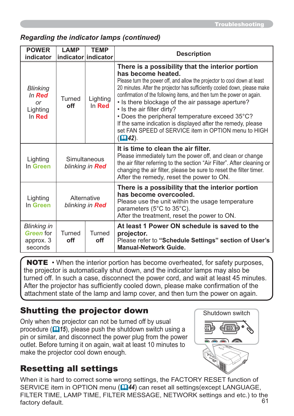 Shutting the projector down, Resetting all settings | Hitachi CP-X205 User Manual | Page 70 / 127