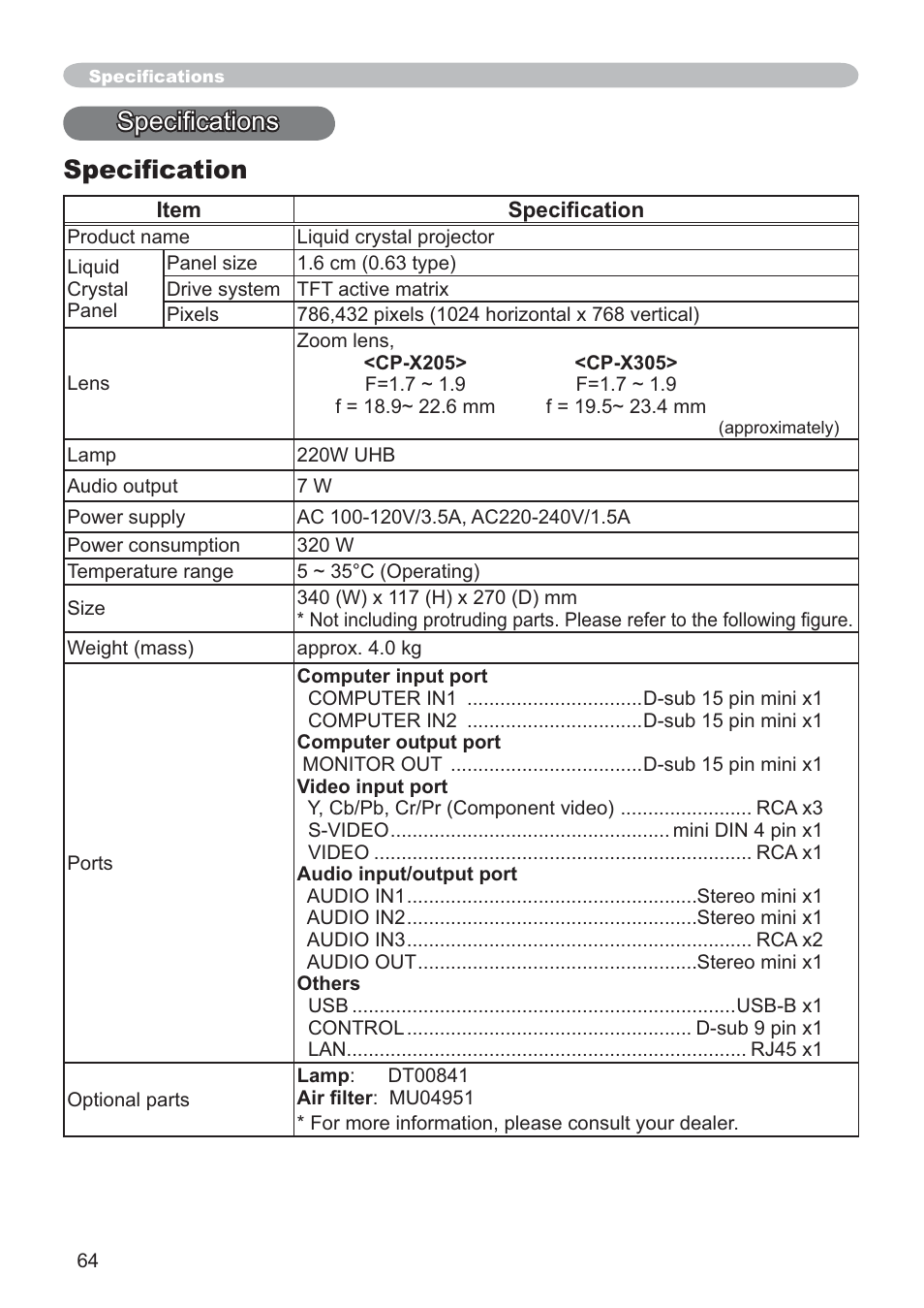 6shfl¿fdwlrqv 6shflàfdwlrq | Hitachi CP-X205 User Manual | Page 73 / 127