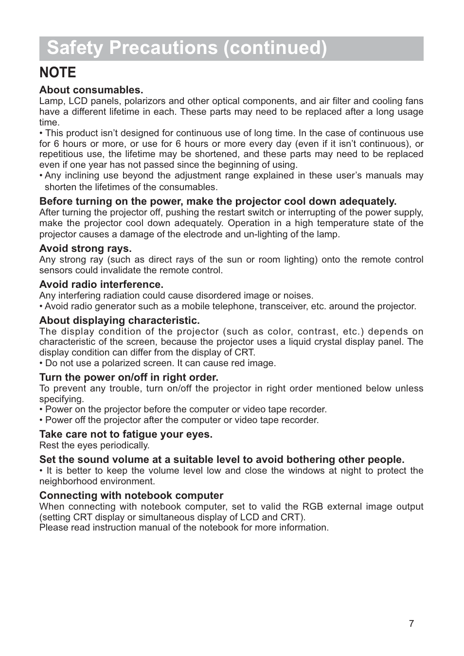 Safety precautions (continued) | Hitachi CP-X205 User Manual | Page 8 / 127