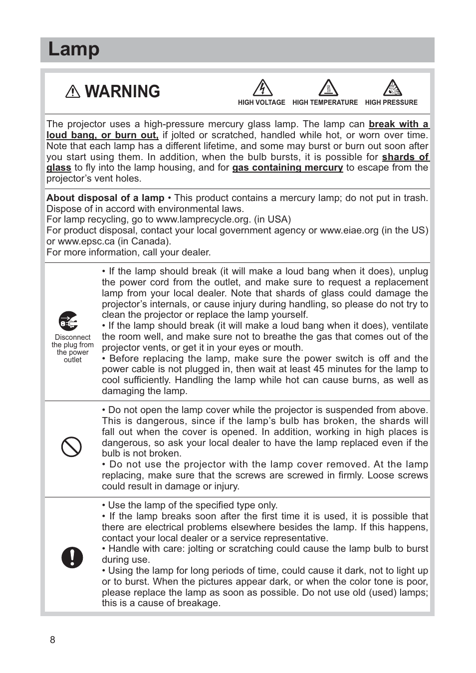 Lamp, Warning | Hitachi CP-X205 User Manual | Page 9 / 127