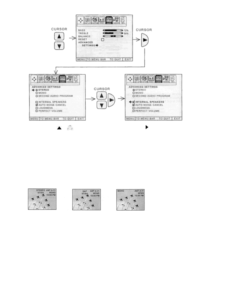 Mts mode, Internal speakers, Auto noise cancel | Loudness, Perfect volume | Hitachi GX Series 43GX01B User Manual | Page 48 / 55