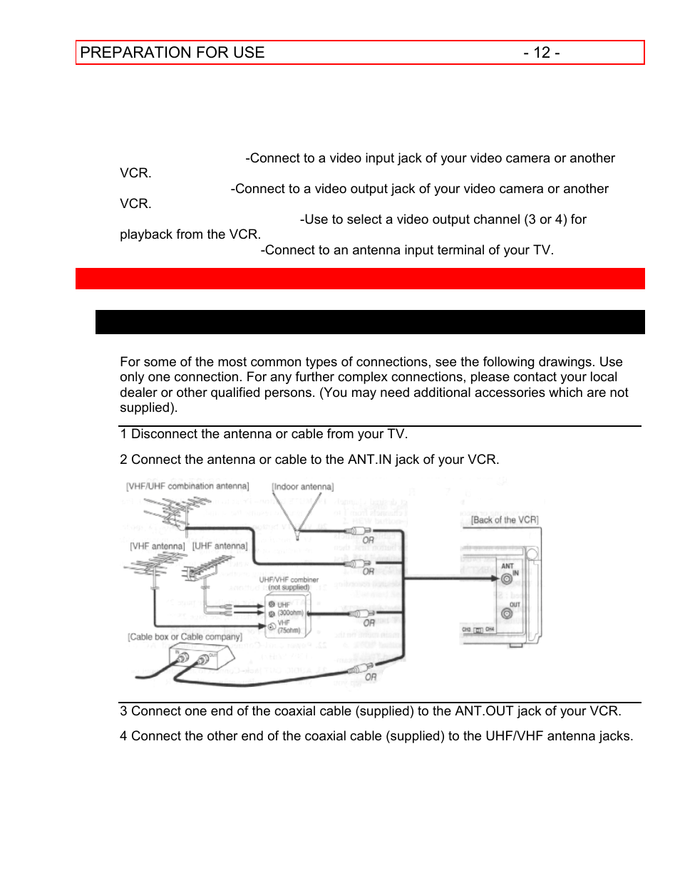 Preparation for use, Cable connections | Hitachi VT-FX601A User Manual | Page 12 / 51