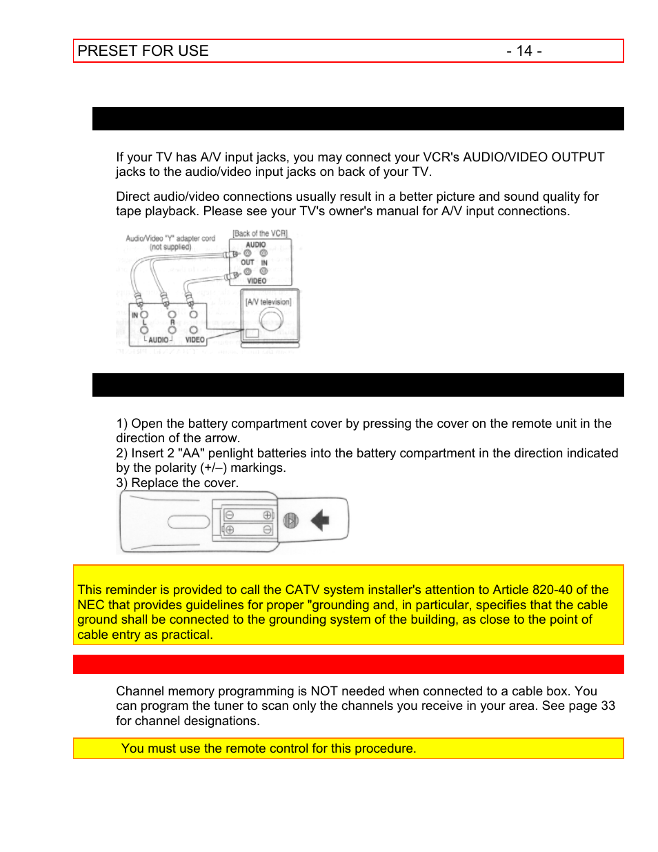 A/v terminals installing the batteries, Preset for use | Hitachi VT-FX601A User Manual | Page 14 / 51