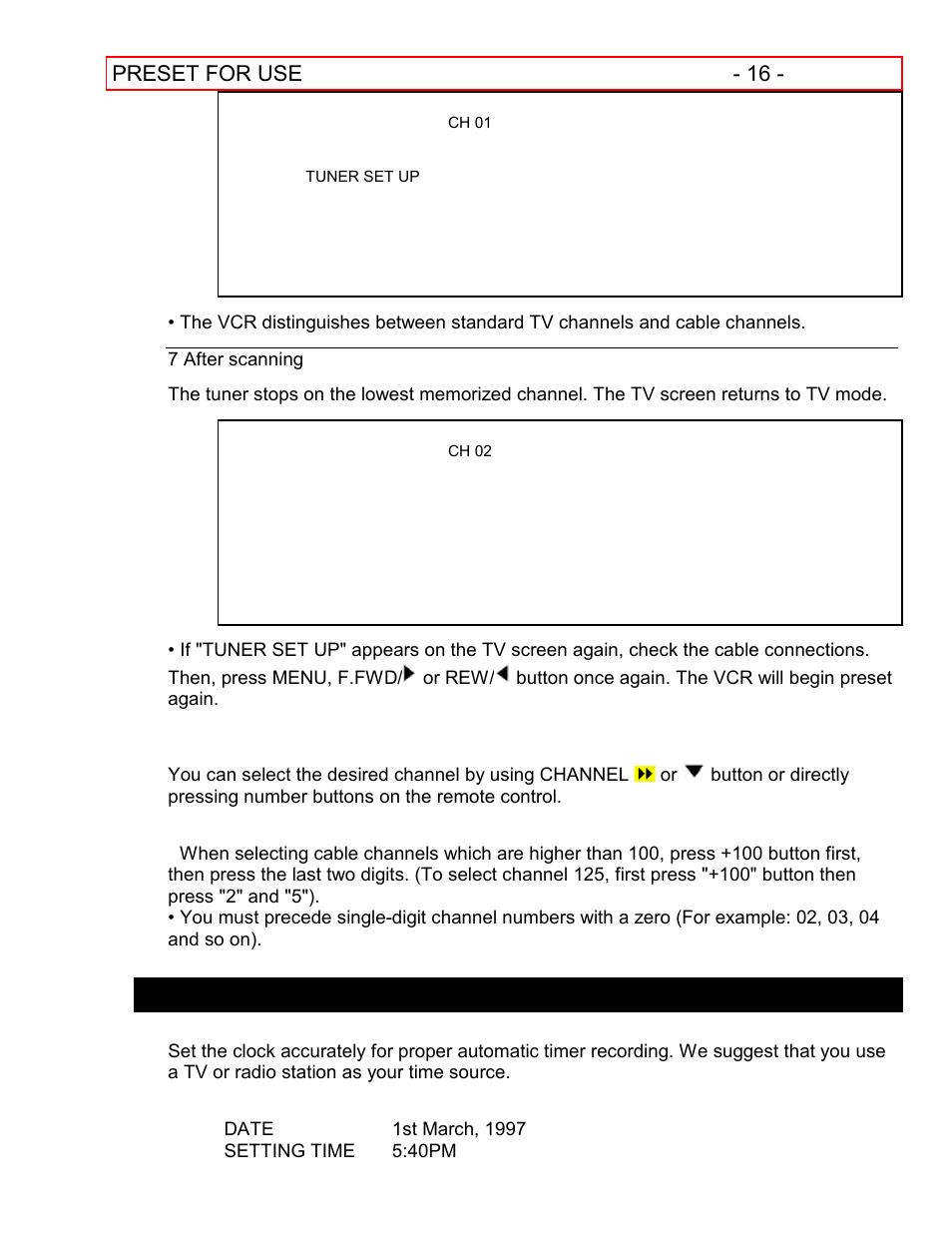 To select a desired channel setting the clock, Preset for use - 16, Setting the clock | Hitachi VT-FX601A User Manual | Page 16 / 51