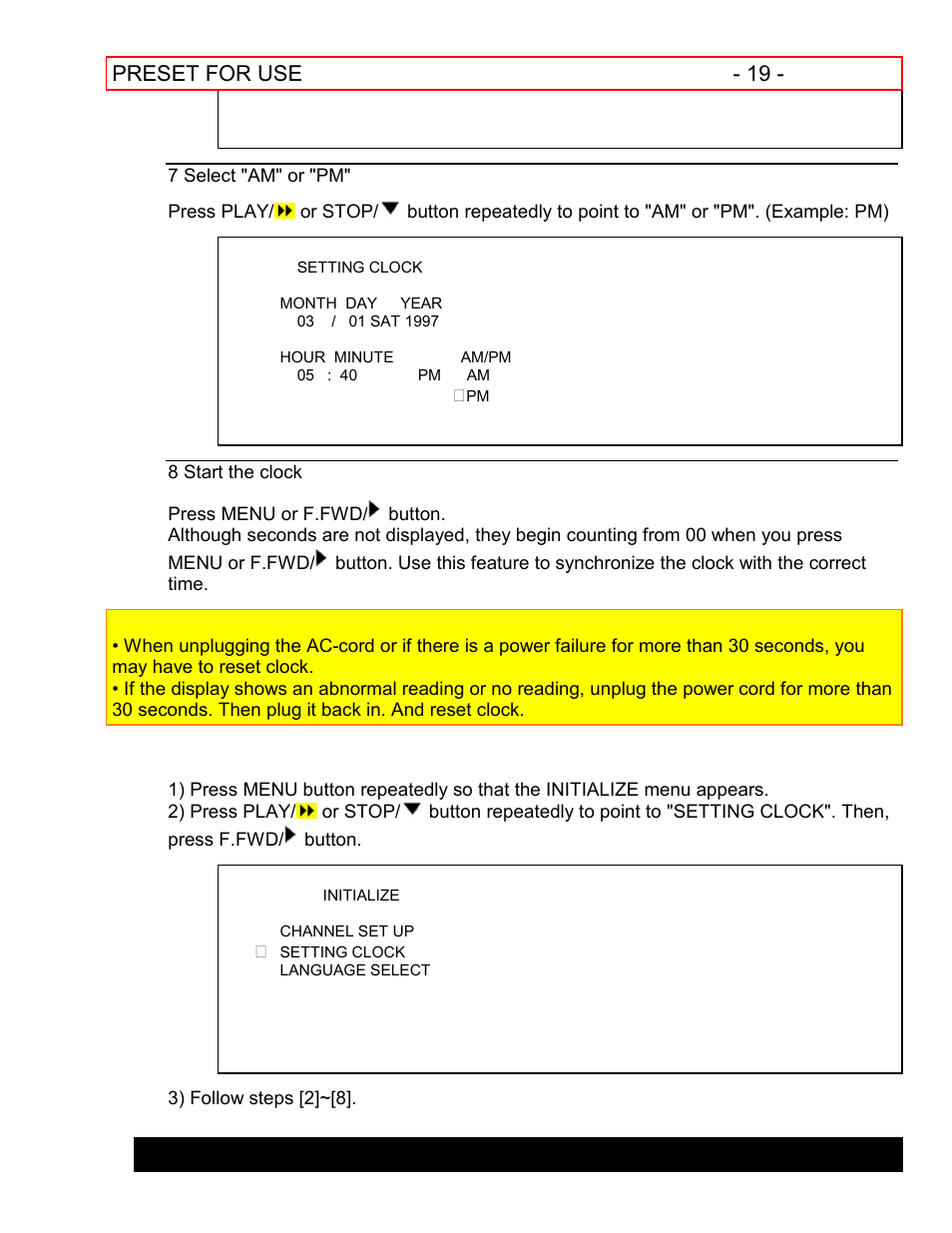 To change clock setting to delete preset channels, Preset for use - 19 | Hitachi VT-FX601A User Manual | Page 19 / 51