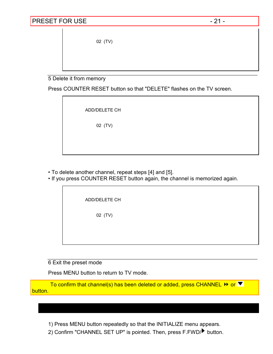 Channel preset again, Preset for use - 21 | Hitachi VT-FX601A User Manual | Page 21 / 51