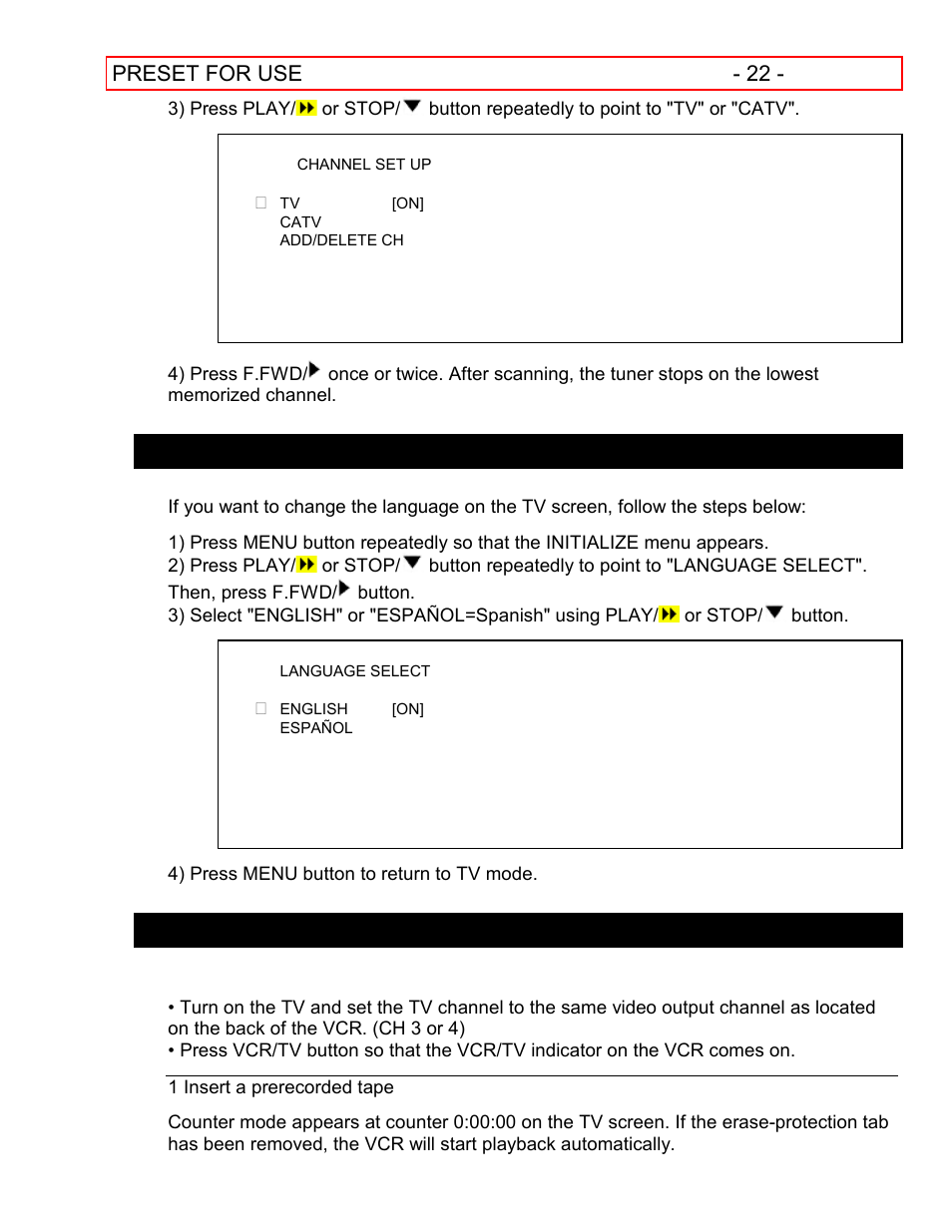 Selecting the language normal playback, Preset for use - 22, Selecting the language | Normal playback | Hitachi VT-FX601A User Manual | Page 22 / 51