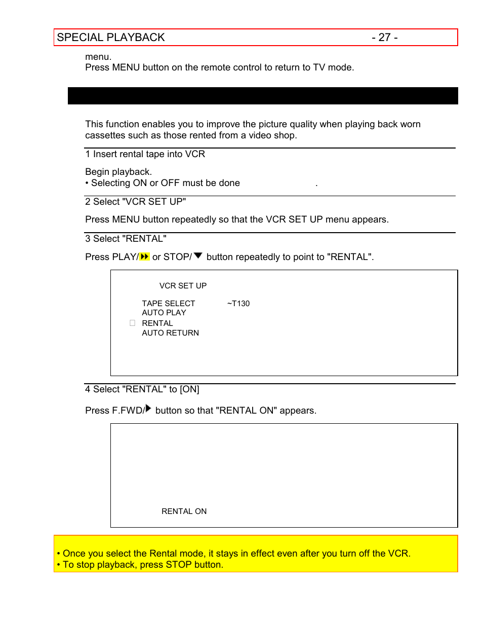 Rental playback to exit the rental play mode, Special playback - 27, Rental playback | Hitachi VT-FX601A User Manual | Page 27 / 51