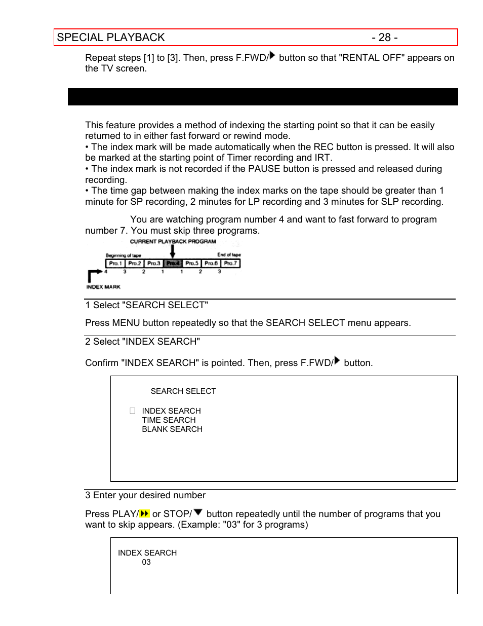 Index search, Special playback - 28 | Hitachi VT-FX601A User Manual | Page 28 / 51