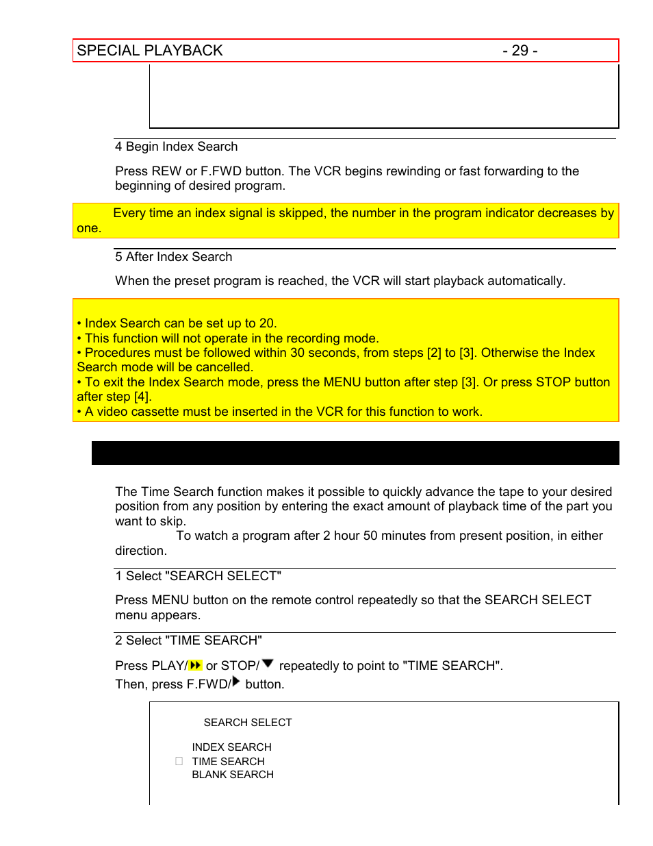 Time search, Special playback - 29 | Hitachi VT-FX601A User Manual | Page 29 / 51