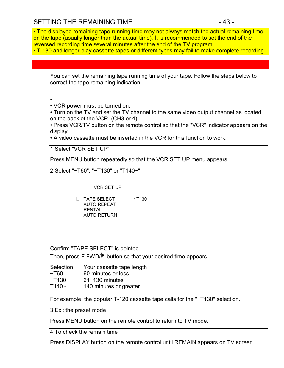 Setting the remaining time, Setting the remaining time - 43 | Hitachi VT-FX601A User Manual | Page 43 / 51