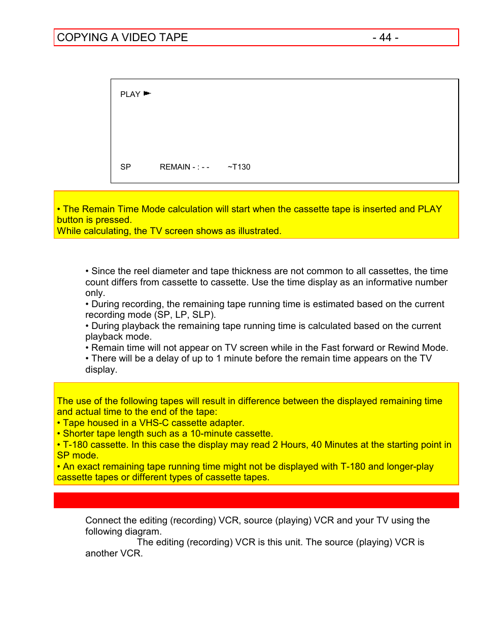 Remaining tape running time display, Copying a video tape | Hitachi VT-FX601A User Manual | Page 44 / 51
