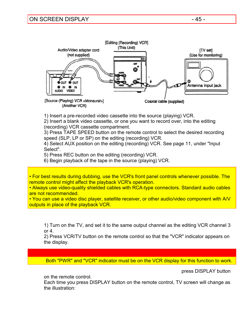 To monitor the recording, On screen display | Hitachi VT-FX601A User Manual | Page 45 / 51