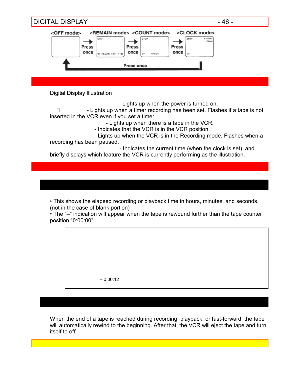 Digital display special features, Real time tape counter auto rewind | Hitachi VT-FX601A User Manual | Page 46 / 51