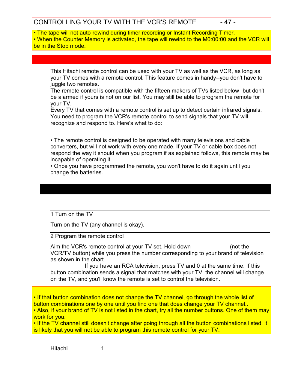 Controlling your tv with the vcr's remote | Hitachi VT-FX601A User Manual | Page 47 / 51