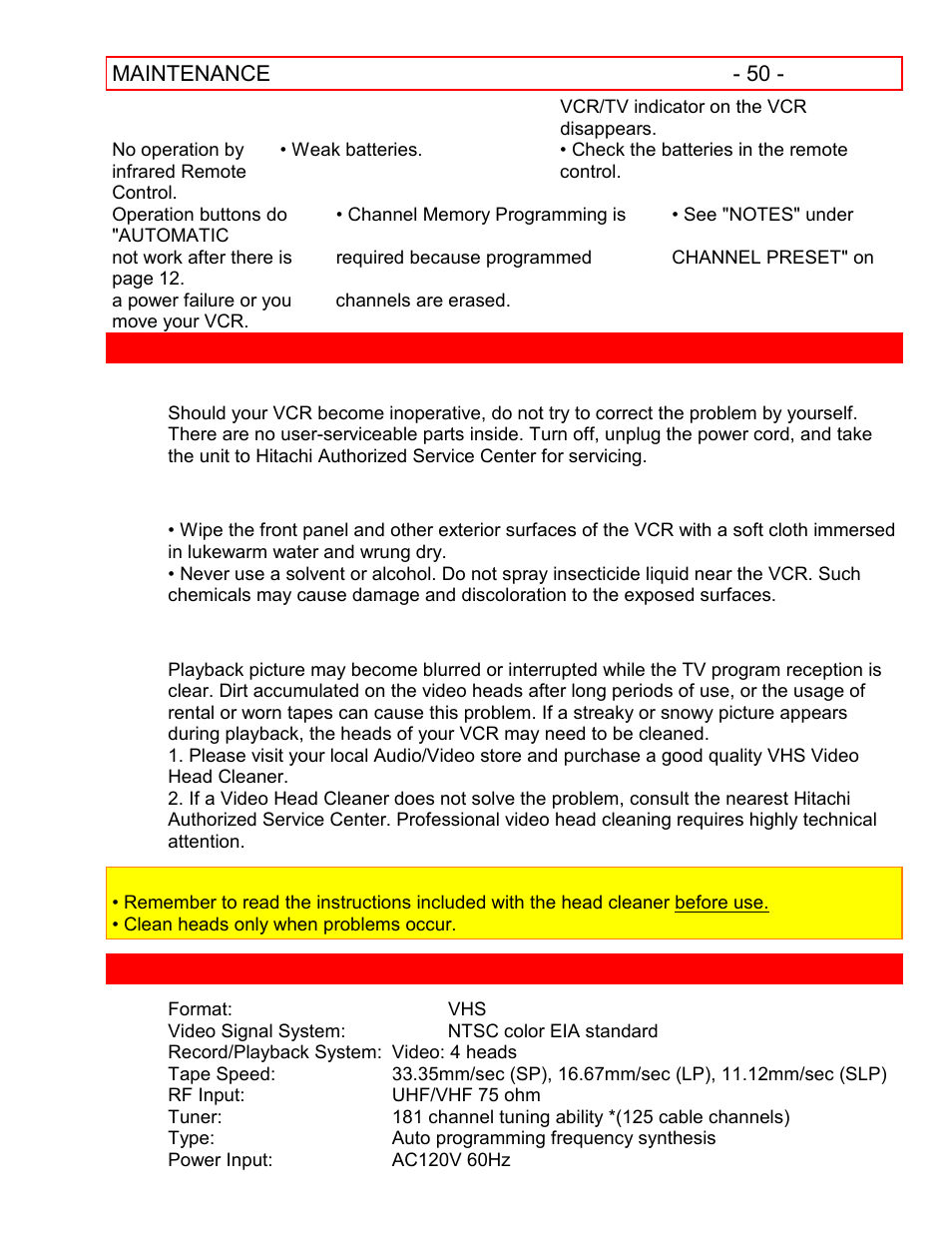 Maintenance, Servicing cabinet cleaning head cleaning, Technical specifications | Hitachi VT-FX601A User Manual | Page 50 / 51