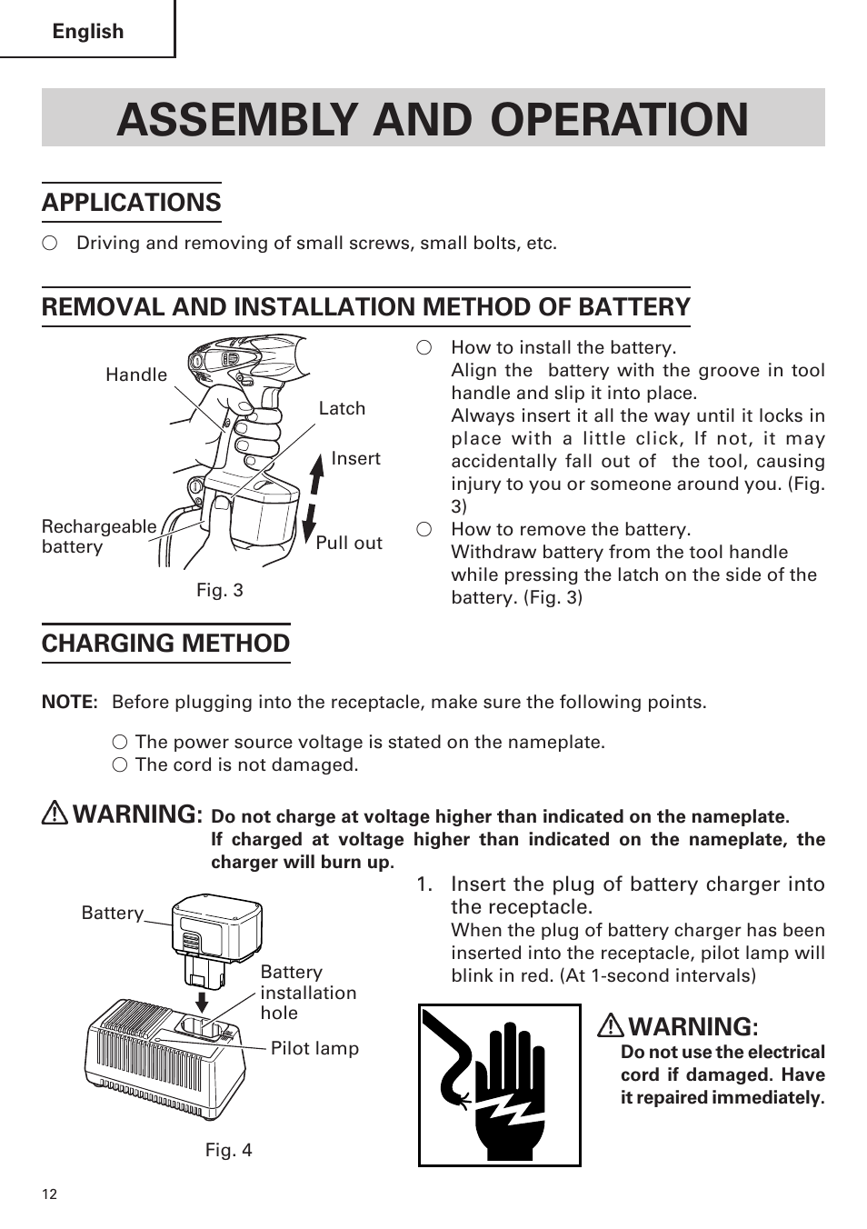 Assembly and operation, Applications, Removal and installation method of battery | Charging method, Warning | Hitachi WH14DM OM User Manual | Page 12 / 76