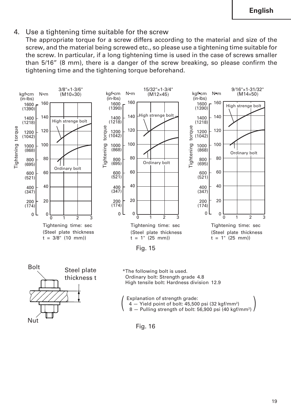 English, Use a tightening time suitable for the screw, Fig. 15 | Bolt steel plate thickness t, Fig. 16 nut | Hitachi WH14DM OM User Manual | Page 19 / 76