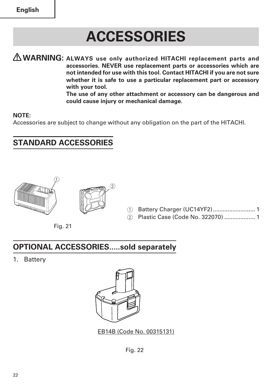 Accessories, Warning | Hitachi WH14DM OM User Manual | Page 22 / 76