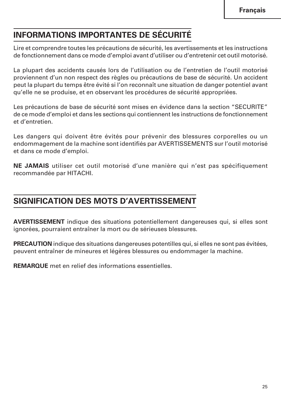 Informations importantes de sécurité, Signification des mots d’avertissement | Hitachi WH14DM OM User Manual | Page 25 / 76