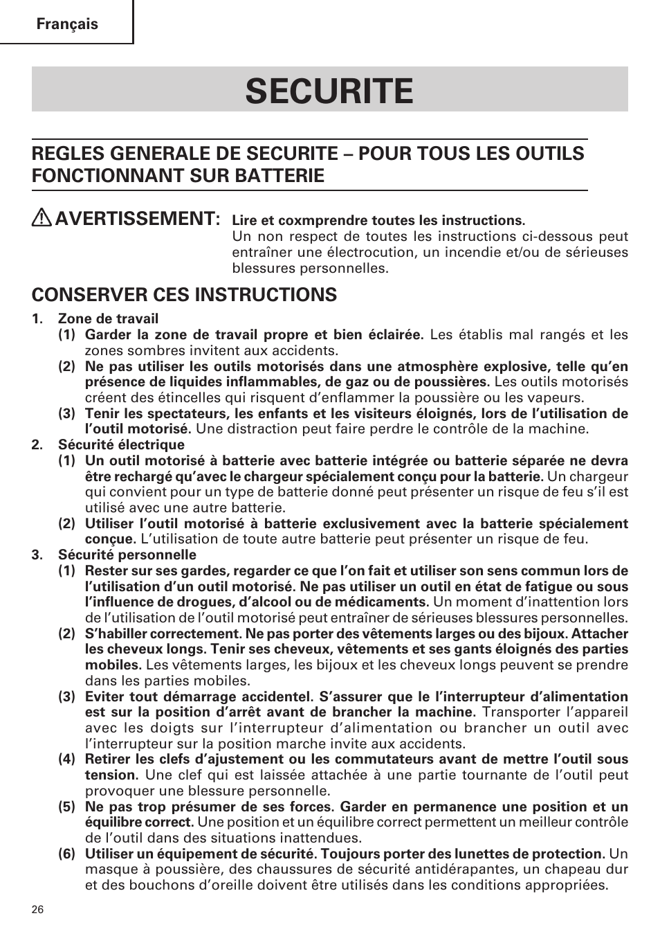 Securite, Conserver ces instructions | Hitachi WH14DM OM User Manual | Page 26 / 76