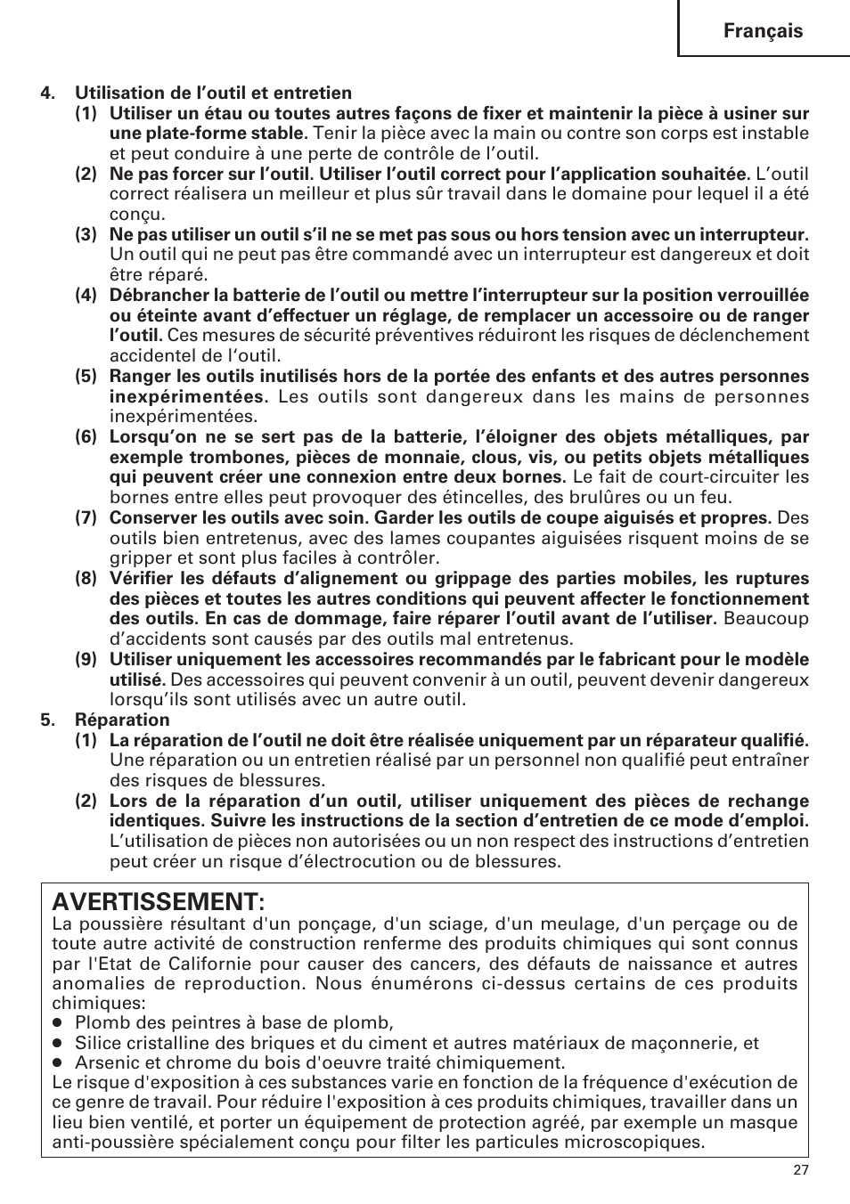 Avertissement | Hitachi WH14DM OM User Manual | Page 27 / 76