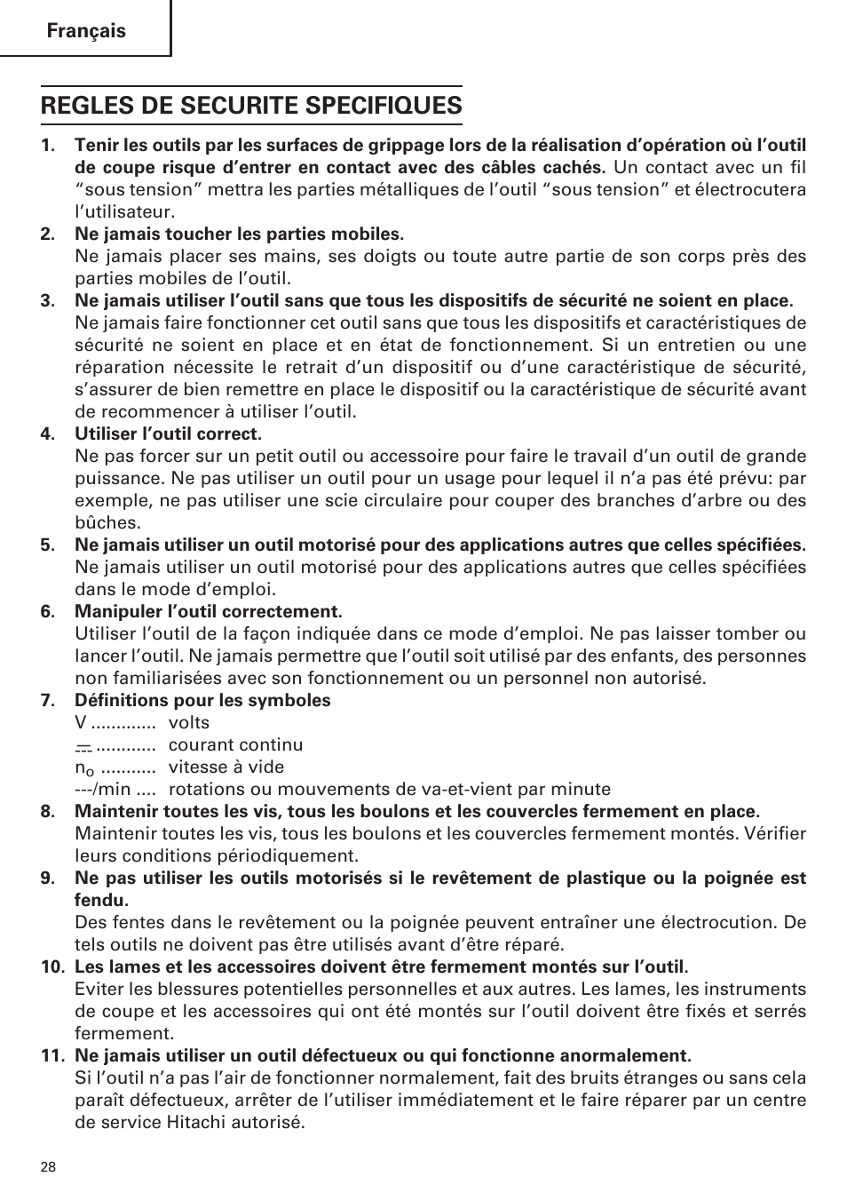 Regles de securite specifiques | Hitachi WH14DM OM User Manual | Page 28 / 76