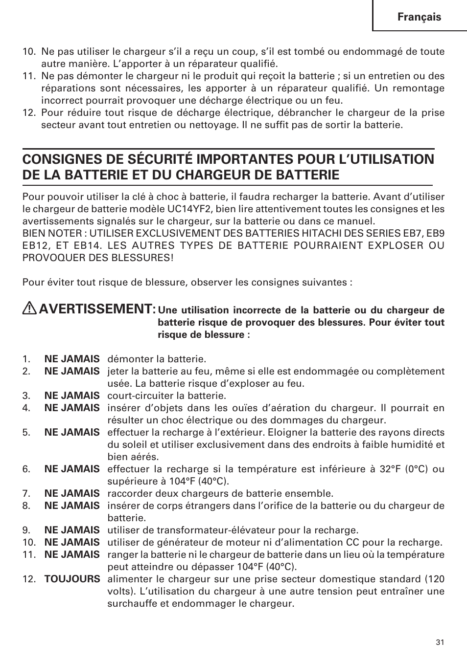 Avertissement | Hitachi WH14DM OM User Manual | Page 31 / 76