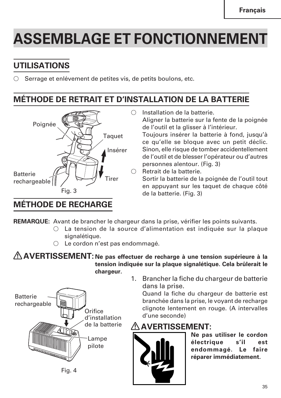 Assemblage et fonctionnement, Utilisations, Méthode de recharge | Avertissement | Hitachi WH14DM OM User Manual | Page 35 / 76